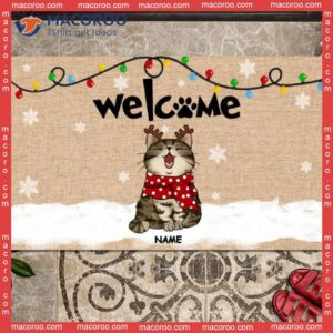Welcome Snowflake & Xmas Lights Front Door Mat,christmas Personalized Doormat, Gifts For Cat Lovers