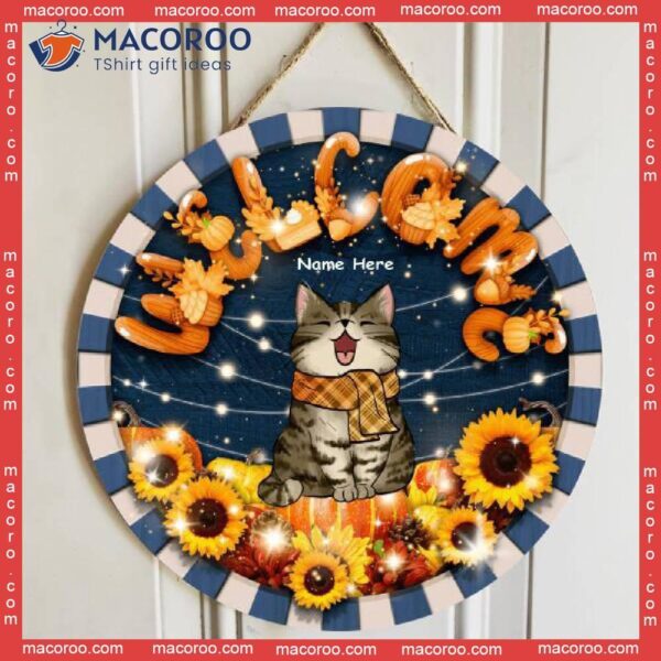 Welcome, Sunflower Decoration, Personalized Cat Autumn Wooden Signs