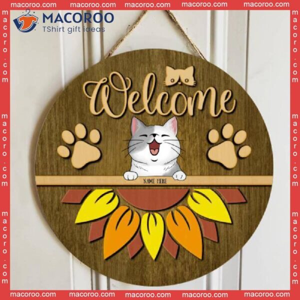 Welcome, Sunflower, Personalized Cat Wooden Signs