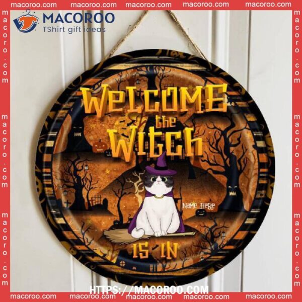 Welcome The Witches Are In, Witch Cat, Personalized Cat Wooden Signs, Halloween Birthday Gifts For Her