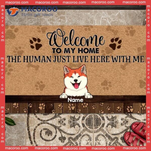 Welcome To My Home Front Door Mat, Gifts For Pet Lovers, The Humans Just Live Here With Me Custom Doormat
