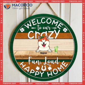 Welcome To Our Happy Home, Shamrock Door Hanger, Personalized Dog & Cat Wooden Signs, St. Patrick Day Front Decor