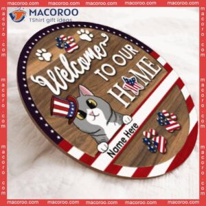 Welcome To Our Home, 4th Of July Decoration, Personalized Cat Wooden Signs
