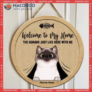 Welcome To Our Home, Cats Hiding Behind Curtain, Personalized Cat Wooden Signs
