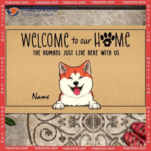 Welcome To Our Home Custom Doormat, Gifts For Pet Lovers, The Humans Just Live Here With Us Mat Outdoor