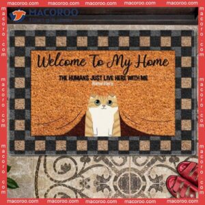 Welcome To Our Home Custom Doormat, Hiding Cats Under Curtain Front Door Mat, Gifts For Cat Lovers