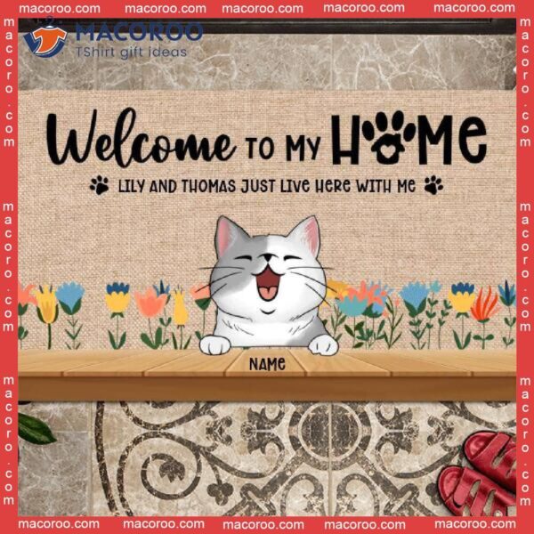 Welcome To Our Home Custom Doormat, The Humans Just Live Here With Us Mat, Gifts For Cat Lovers