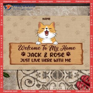Welcome To Our Home Personalized Doormat, Gifts For Cat Lovers, Cats On Wooden Sign Front Door Mat