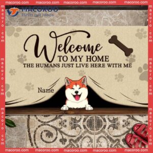 Welcome To Our Home Personalized Doormat, Gifts For Dog Lovers, Peeking From Curtain Brown Front Door Mat