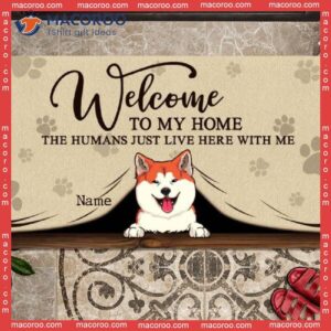 Welcome To Our Home Personalized Doormat, Gifts For Pet Lovers, Peeking From Curtain Front Door Mat