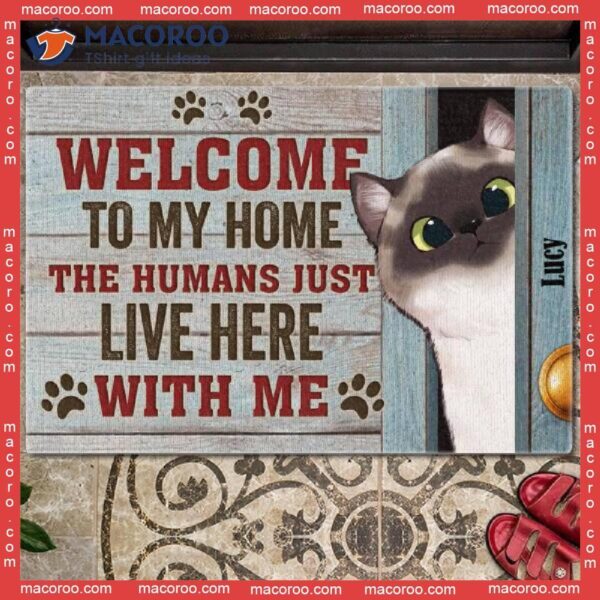 Welcome To Our Home Personalized Doormat, Peeking Cats Behind Wood Door, Gifts For Cat Lovers