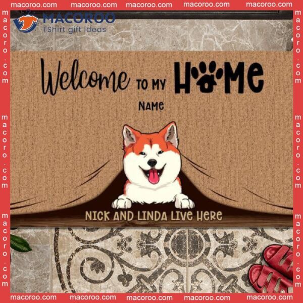 Welcome To Our Home Pet Peeking From Curtain Front Door Mat, Gifts For Lovers, Custom Doormat