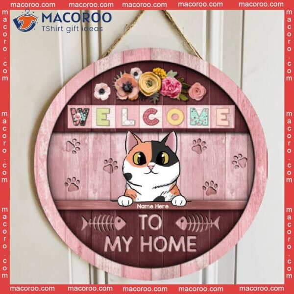 Welcome To Our Home, Pink Wood Door, Personalized Cat Wooden Signs