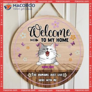 Welcome To Our Home, Purple Butterflies And Flowers, Personalized Cat Wooden Signs