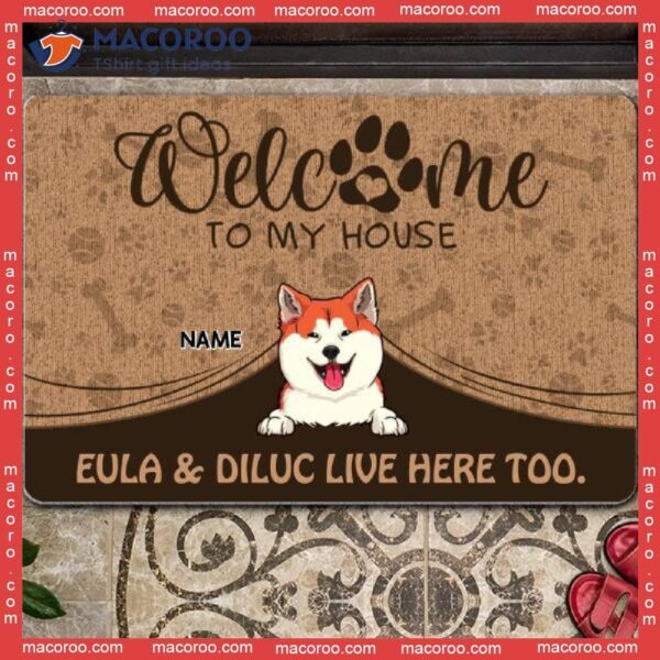 Welcome To Our House Custom Doormat, Gifts For Dog Lovers, Peeking From Curtain Mat