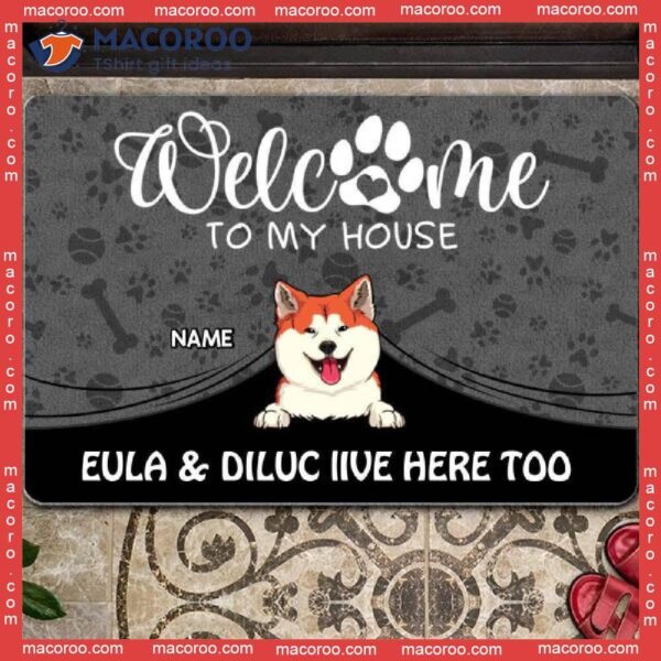 Welcome To Our House Custom Doormat, Gifts For Pet Lovers, Peeking From Curtain Dark Front Door Mat