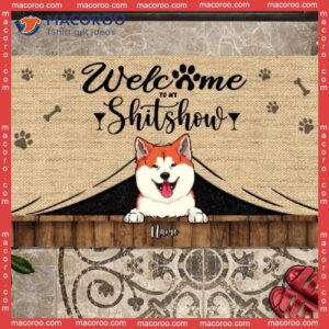 Welcome To Our Shitshow Custom Doormat, Dog Peeking From Curtain Outdoor Door Mat, Gifts For Lovers