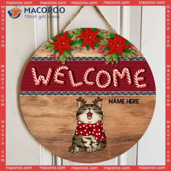 Welcome, Xmas Candy Cane Letters, Personalized Cat Christmas Wooden Signs