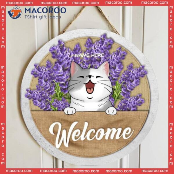 Welcome You, Lavender Flowers, Personalized Cat Wooden Signs