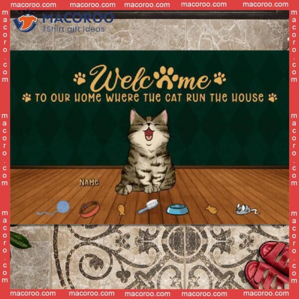 Where The Cats Run House Front Door Mat, Welcome To Our Home Custom Doormat, Gifts For Cat Lovers