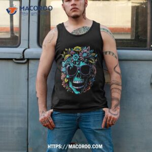 wild skull with flowers and wearing sunglasses design shirt halloween michael tank top 2