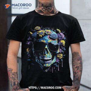 wild skull with flowers dripping splash distressed design shirt cute spooky tshirt