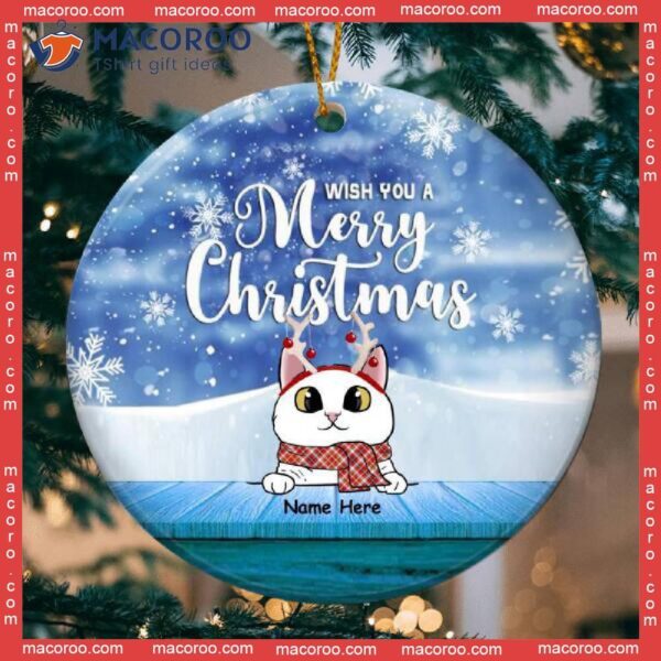 Wish You A Merry Christmas, Personalized Cat Christmas Ornament, Bluetone
