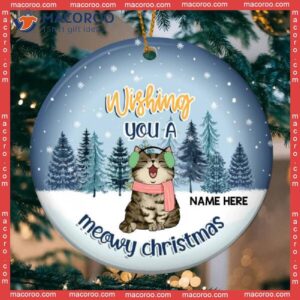 Wishing You A Meowy Christmas Navy Tone Circle Ceramic Ornament, Personalized Cat Lovers Decorative Ornament
