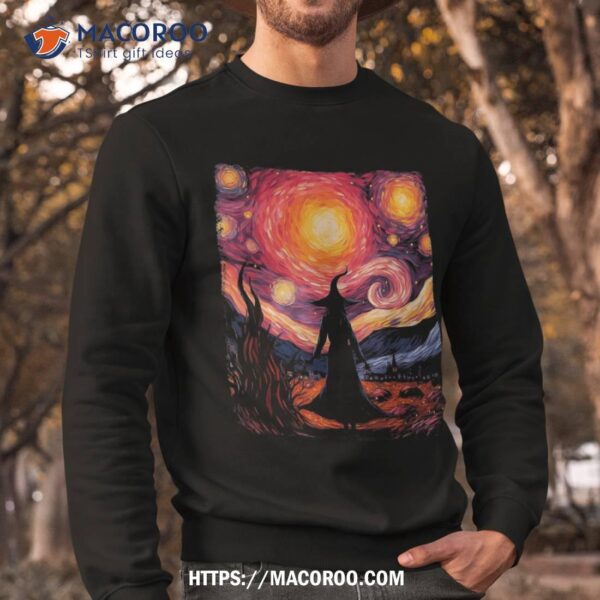 Witch Halloween Pink Breast Cancer Starry Night Van Gogh Art Shirt, Unique Gifts For Dad