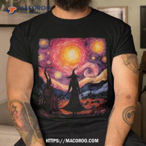Witch Halloween Pink Breast Cancer Starry Night Van Gogh Art Shirt, Unique Gifts For Dad