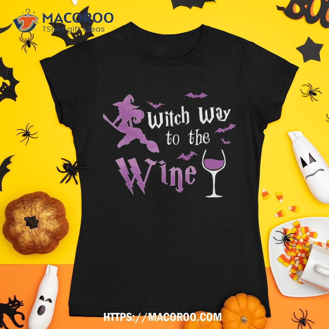 Witch Way To The Wine Funny Drinking Party Halloween Graphic Shirt Tshirt 1