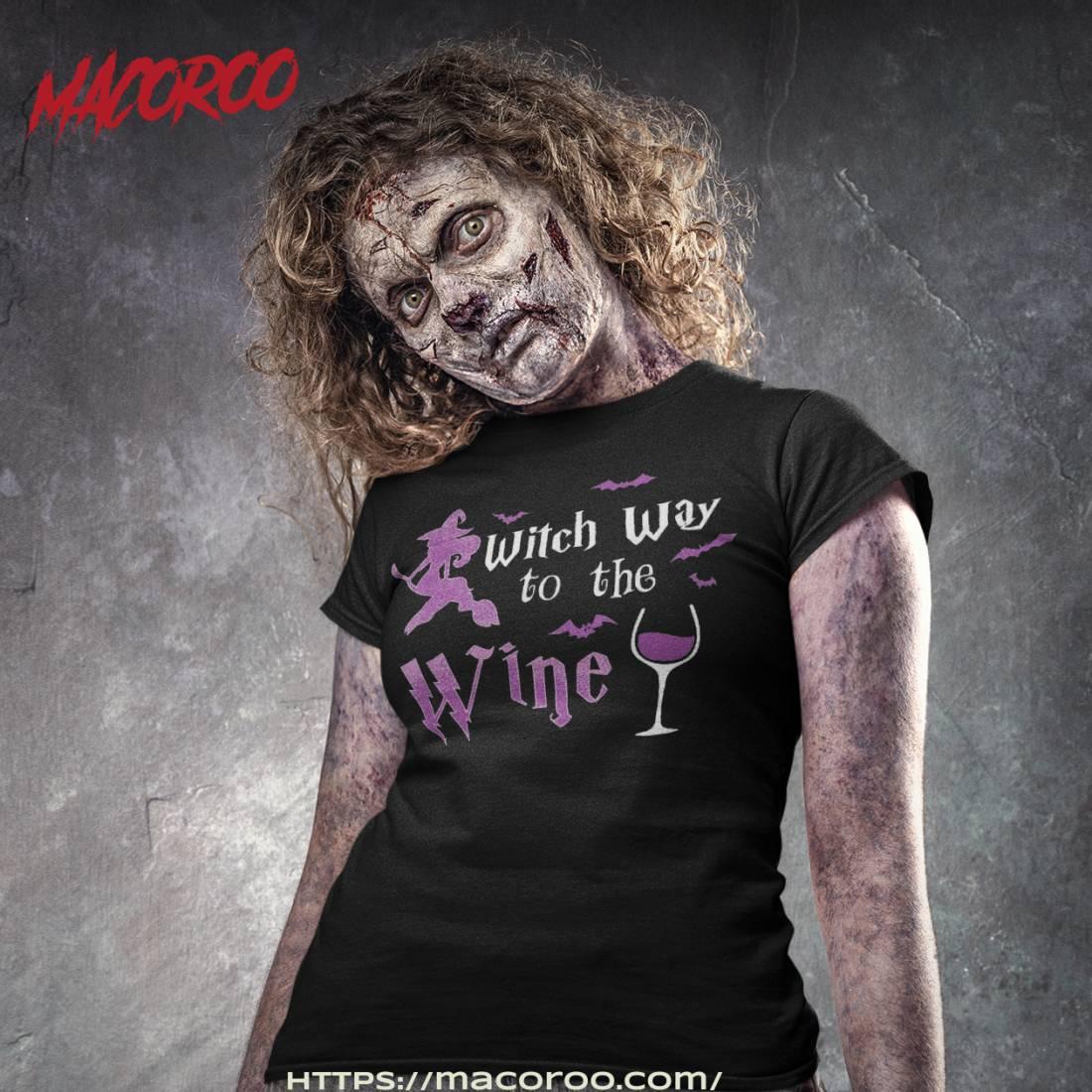 Witch Way To The Wine Funny Drinking Party Halloween Graphic Shirt Tshirt