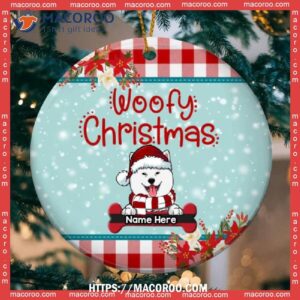 Woofy Christmas, Flower & Buffalo Plaid Circle Ceramic Ornament, Personalized Christmas Dog Breeds Ornament, Custom Dog Ornaments