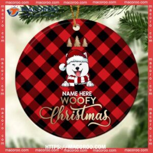 Woofy Christmas Red Plaid Background Circle Ceramic Ornament, Custom Dog Ornaments