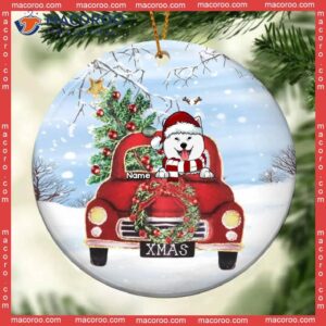 X-mas Dog In Red Truck Circle Ceramic Ornament, Personalized Lovers Decorative Christmas Ornament