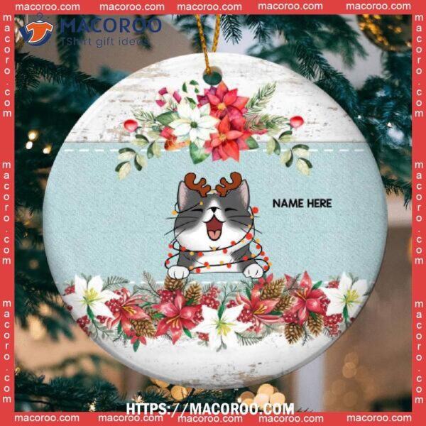 Xmas Cat On Mint Banner White Wooden Circle Ceramic Ornament, Kitty Ornaments