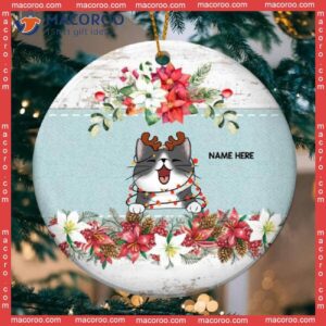 Xmas Cat On Mint Banner White Wooden Circle Ceramic Ornament, Personalized Lovers Decorative Christmas Ornament