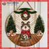 Xmas Cat On Wood Floor, Mom Gifts, Two Pine Tree With Wreath Welcome Door Signs , Gifts For Lovers,christmas Decorations