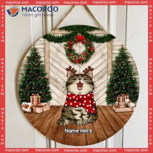Xmas Cat On Wood Floor, Mom Gifts, Two Pine Tree With Wreath Welcome Door Signs , Gifts For Lovers,christmas Decorations