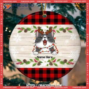 Xmas Cat On Wooden And Red Plaid Circle Ceramic Ornament, Cat Christmas Tree Ornaments