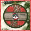 Xmas Cat On Wooden With Poinsettia Circle Ceramic Ornament, Kitty Ornaments
