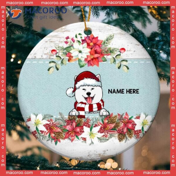 Xmas Dog On Mint Banner White Wooden Circle Ceramic Ornament, Personalized Lovers Decorative Christmas Ornament