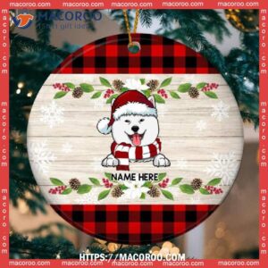 Xmas Dog On Wooden And Red Plaid Circle Ceramic Ornament, Personalized Dog Ornaments