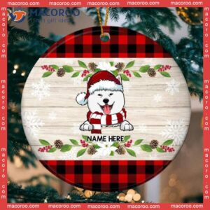 Xmas Dog On Wooden And Red Plaid Circle Ceramic Ornament, Personalized Lovers Decorative Christmas Ornament