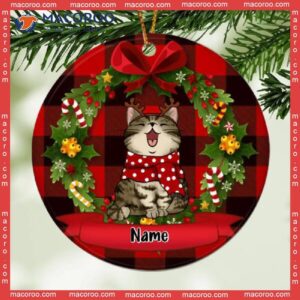 Xmas Gifts For Cat Lovers, Personalized Breed Ornament,laurel Wreath, Buffalo Plaid Circle Ceramic Ornament