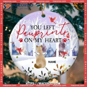 You Left Pawprints On My Heart Circle Ceramic Ornament, Red Cardinal And Winter Forest, Personalized Angel Cat Decorative Christmas Ornament, Cat Christmas Tree Ornaments