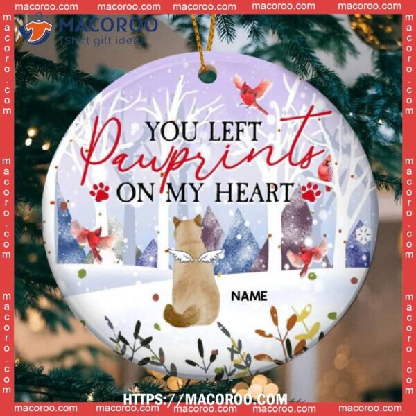 You Left Pawprints On My Heart Circle Ceramic Ornament, Red Cardinal And Winter Forest, Personalized Angel Cat Decorative Christmas Ornament, Cat Christmas Tree Ornaments