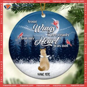 Your Wings Were Ready But My Heart Not Memorial Navy Circle Ceramic Ornament, Personalized Angel Cat Christmas Ornament