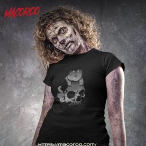 black cat sitting on skull halloween luminous shirt tshirt