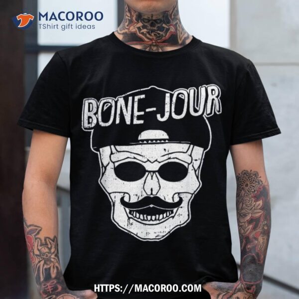 Bone-jour Lazy Halloween Costume Funny Skeleton Skull Pun Shirt